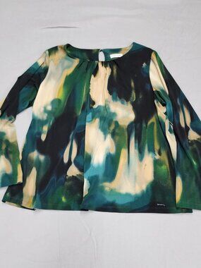 Calvin Klein Womens L Abstract Pleated Keyhole Blouse Long Sleeve Green Stretch